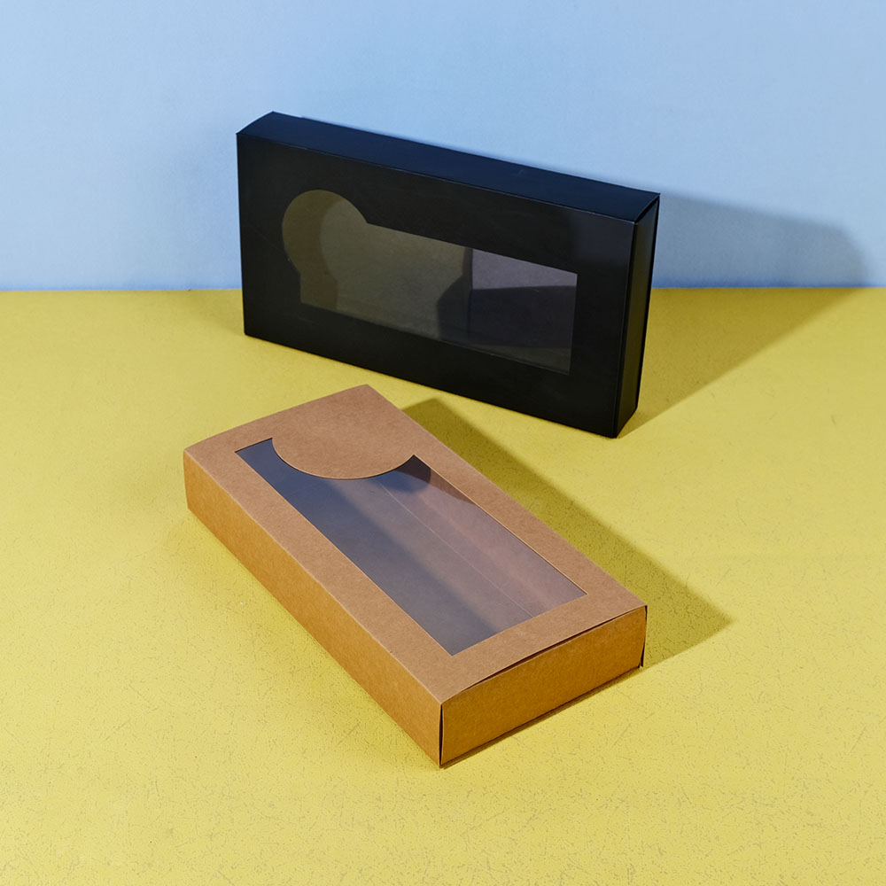 Box Printing Customized FSC Certified Kraft Paper Black Board Premium Soap Fold Drawer Slide Box Packaging with Irregular Window