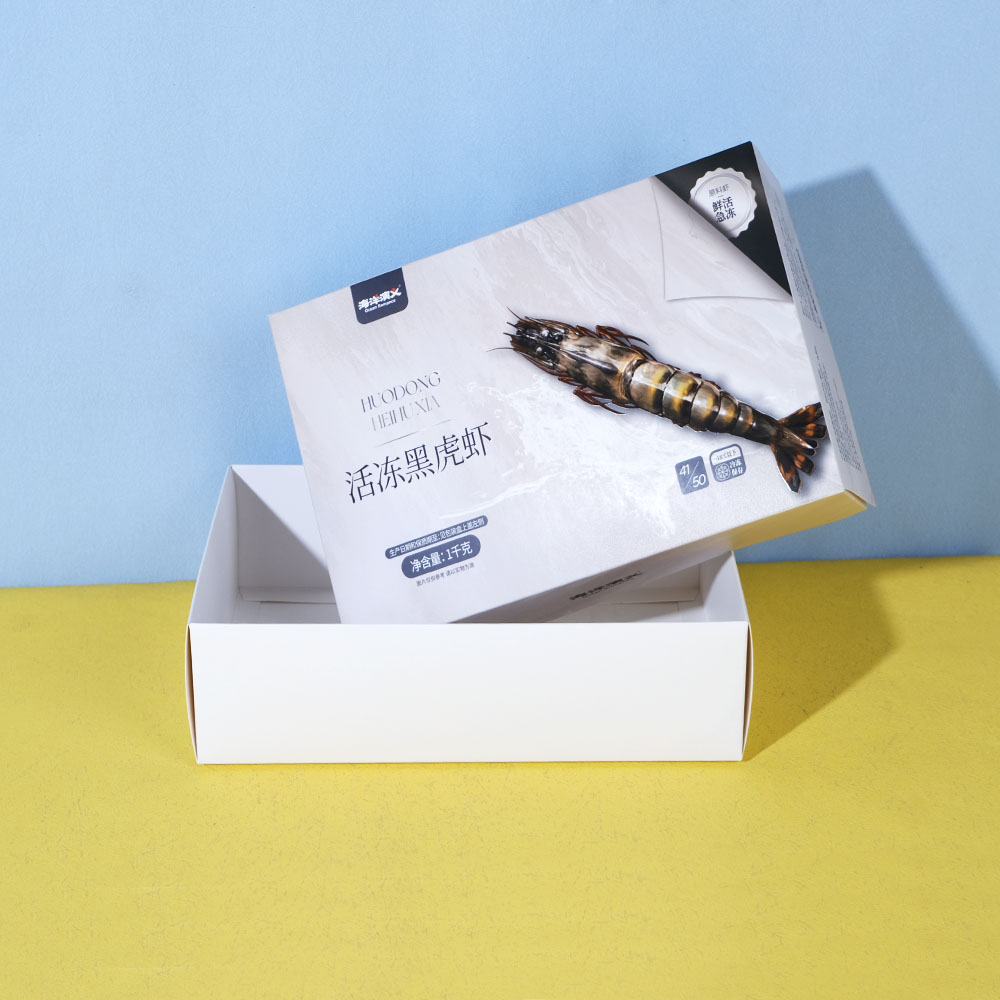 Box Printing Custom 1000g Spot UV CMYK FSC White Cardboard Paper Lid and Bottom Sea Food Freezer Shrimp Paper Box Packaging