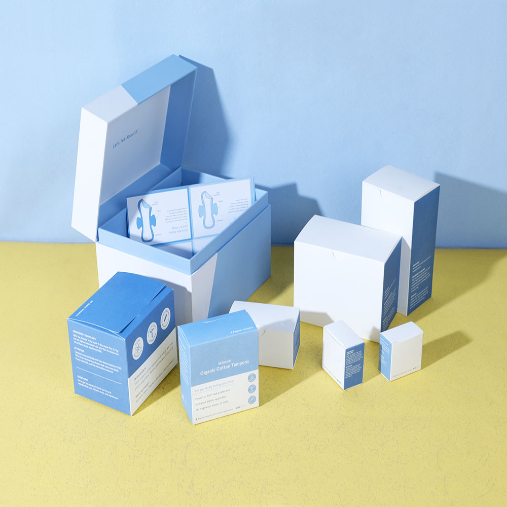 Box Printing Custom Empty Cardboard Sanitary Pad Tampon Menstrual Cup Care Nursing Gel Tampon Personal Care Box Paper Packaging