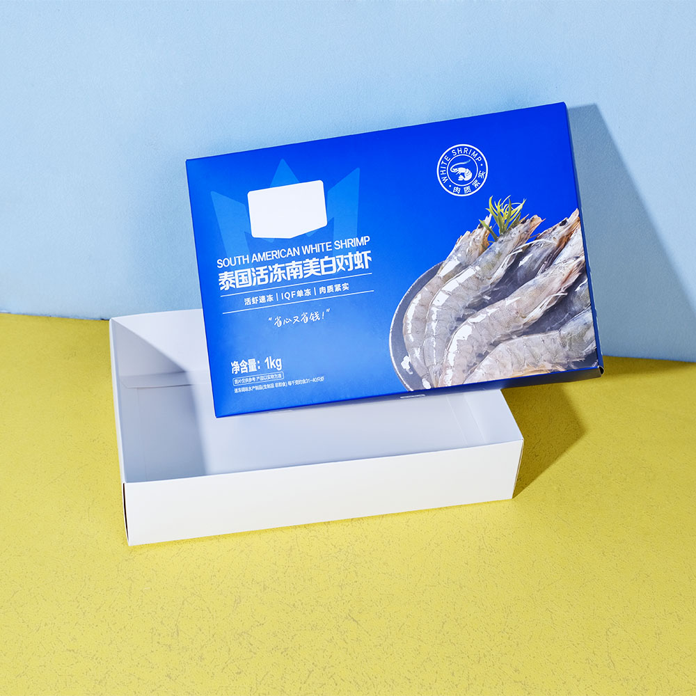 Box Printing Custom Empty Cardboard Foldable Lid and Base Seafood Packaging Frozen Shrimp Meat Paper Box Without Glue