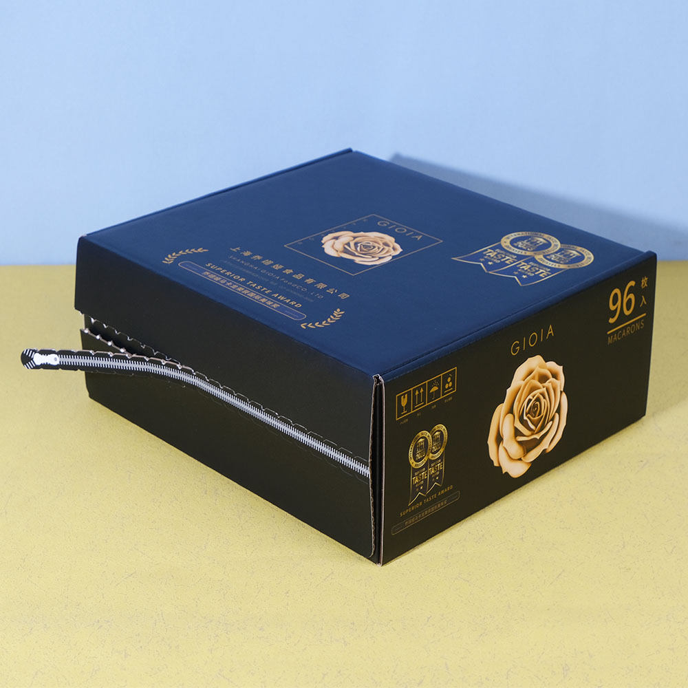 Box Printing Custom FSC ISO22000 96PCS Macarons Chocolate Recycled Cardboard Tear Strip Black Mailer Shipping Boxes Packaging