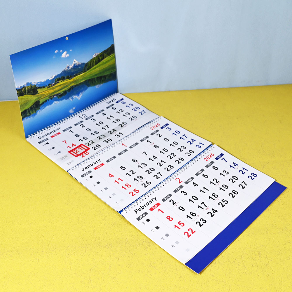 Box Printing Custom FSC Coated Paper Paperboard Tri-folder Three-Folding Wall Spiral Advertising Business 3 Years Calendar