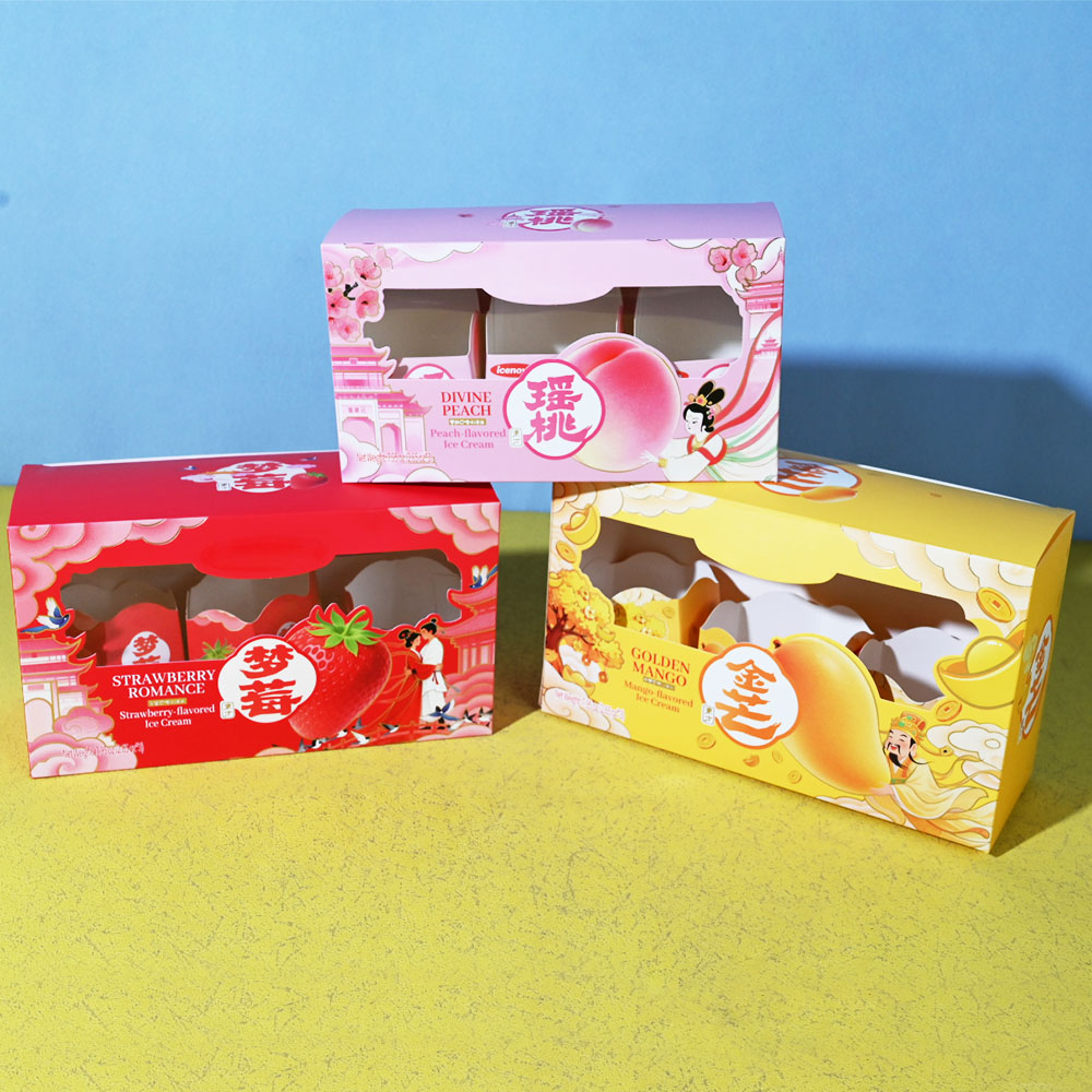 Box Printing Custom ISO22000 FSC CMYK Biodegradable Food 3Pcs Ice Cream Foldable White Cardboard Paper Box Packaging with Window