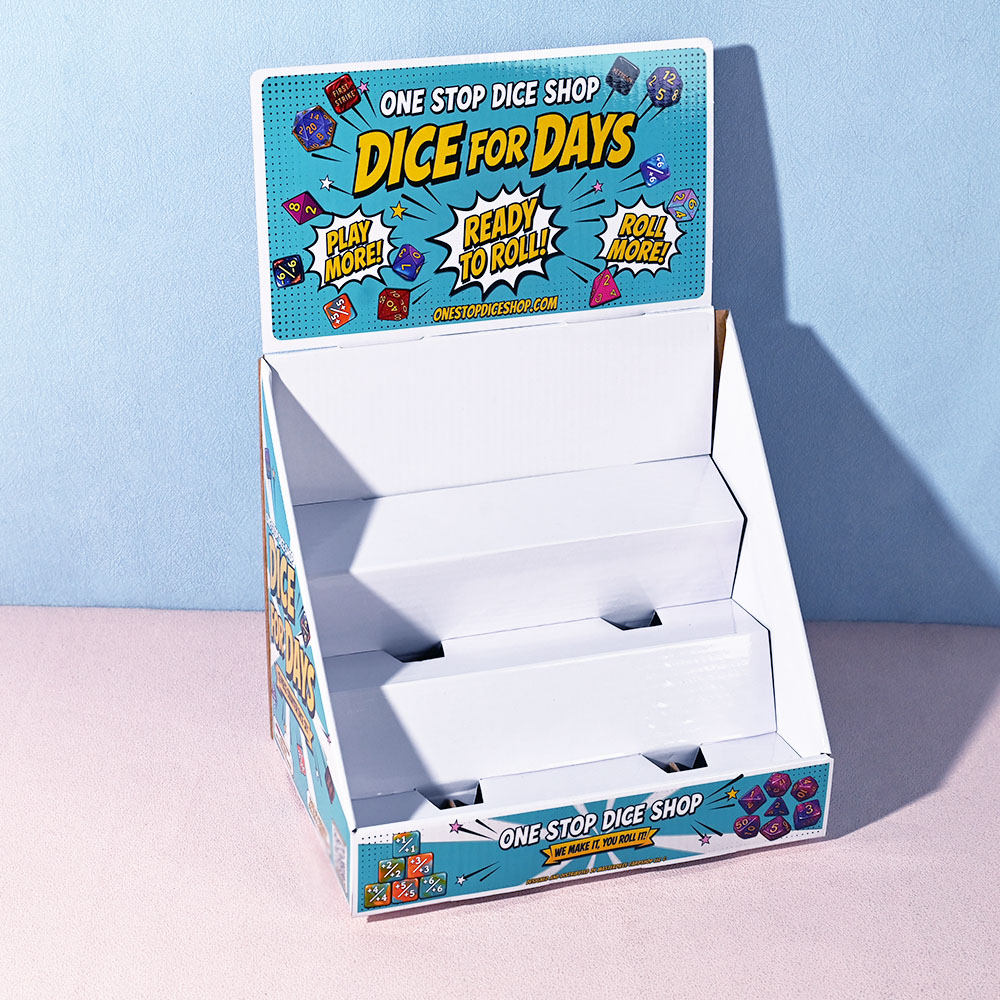 Box Printing Custom FSC ISO RoHS Fold Corrugated Cardboard Display Stand PDQ Packaging Cardboard Counter Display Retail Box